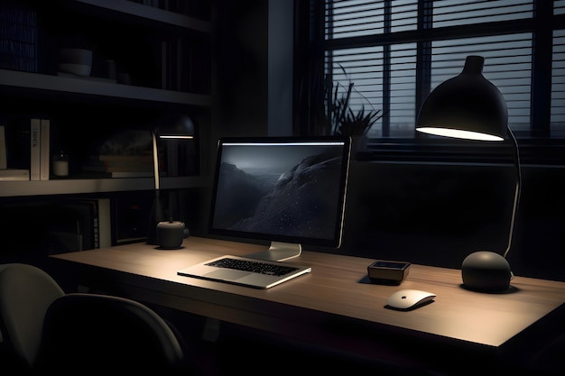 Gratis foto werkplek met computerlamp en koffiekop op tafel in een donkere kamer