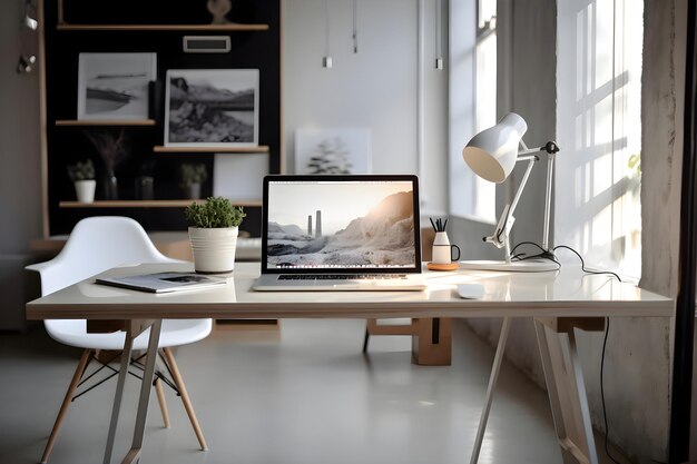 Werkplek met laptop op tafel in een moderne kantoorruimte voor tekst