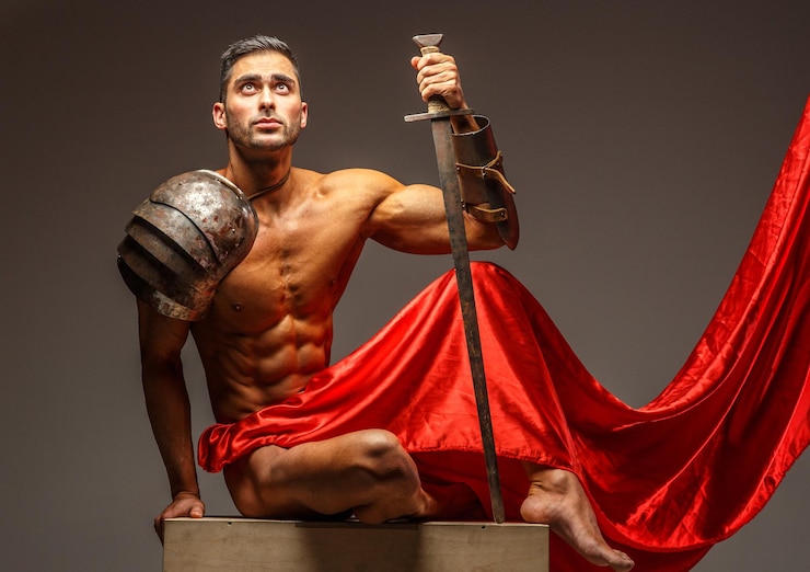 Gratis Foto werkproces in fotostudio. het creëren van een afbeelding van een romeinse krijger
