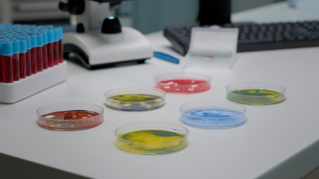 Gratis foto wetenschappelijke petrischaal met substantie gevuld met bacteriën