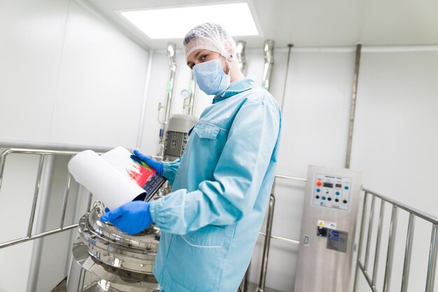 Wetenschapper in blauw laboratoriumpak en gasmasker staat in de cleanroom en controleert grafieken in tablet