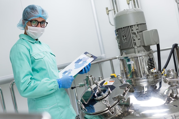 Wetenschapper in blauwe laboratoriumuniform staat in de buurt van grote druktank, houd tablet vast met grafieken, kijk naar de camera