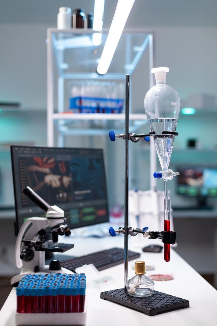 Gratis Foto wetenschapslaboratoriumapparatuur en reageerbuis met bloed voor de ontwikkeling van de gezondheidszorg. chemische druipende pijp met glazen kolf voor analyse in het biochemielab in de kliniek. professionele instrumenten