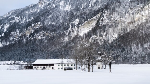 Wide shot van een wit huis omgeven door bomen en bergen bedekt met sneeuw