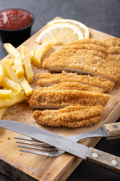 Gratis foto wiener schnitzel met gebakken aardappelen op zwarte achtergrond