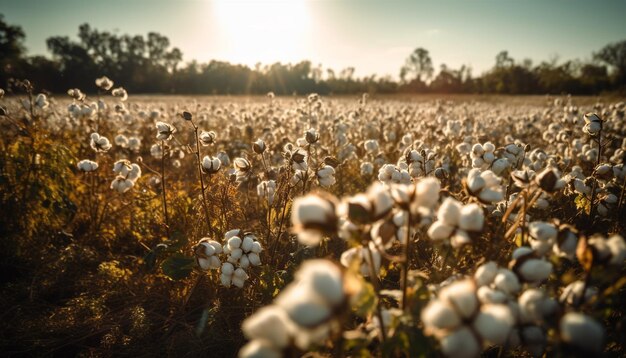 Wilde bloemen in de zonsondergangweide bloeien in de schemering, gegenereerd door AI