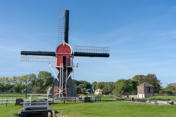 Gratis Foto windmolen onder een strakblauwe lucht omgeven door bomen en vegetatie