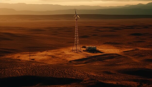 Windturbines wekken elektriciteit op die door AI gegenereerde landelijke landschappen aandrijven