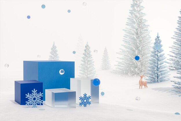 Winter kerst achtergrond met product stand en sneeuwvlok decoratie 3d-rendering