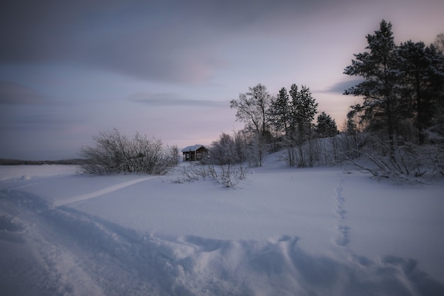 Winterlandschap met een huis en een geschopte loopbrug