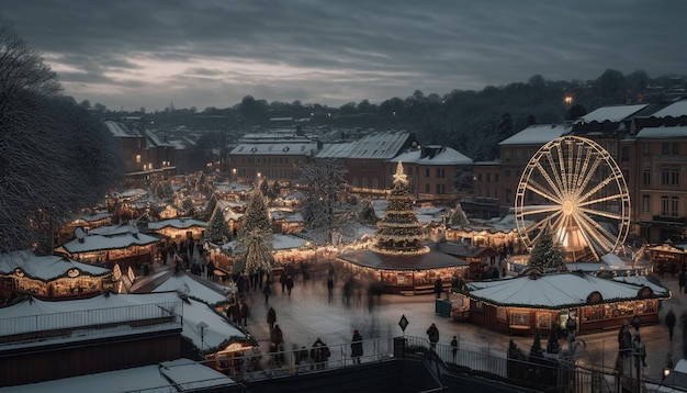 Winternacht in beroemde stad verlicht door zonsondergang gegenereerd door AI