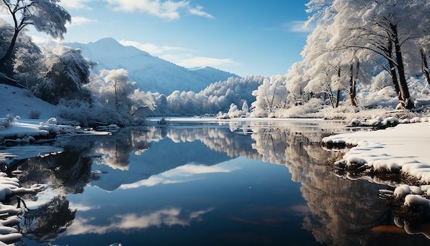 Gratis foto winterse landschap sneeuwbedekte bomen weerspiegelen in een rustige bevroren vijver gegenereerd door ai