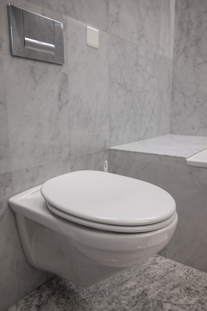 Wit en schoon toilet met de stenen muren in een badkamer