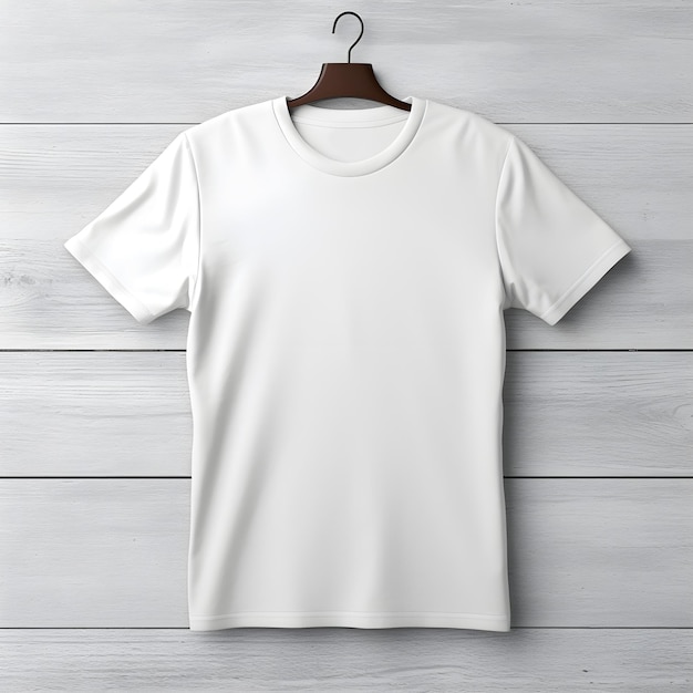 wit t-shirtmodel op houten textuurachtergrond