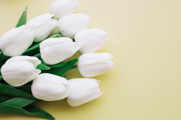 wit tulpenboeket op gele achtergrond