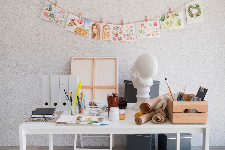 Gratis Foto witte bureau met schilderij leveringen