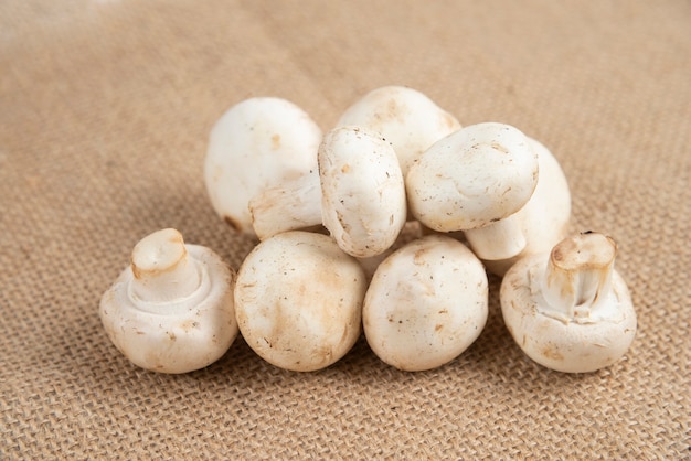 Gratis foto witte champignons geïsoleerd op een stuk jute.