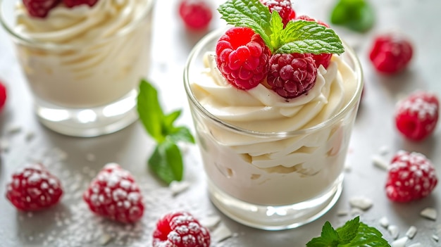 Gratis foto witte chocolademousse geserveerd in individuele glaasjes gegarneerd met frambozen en muntblaadjes