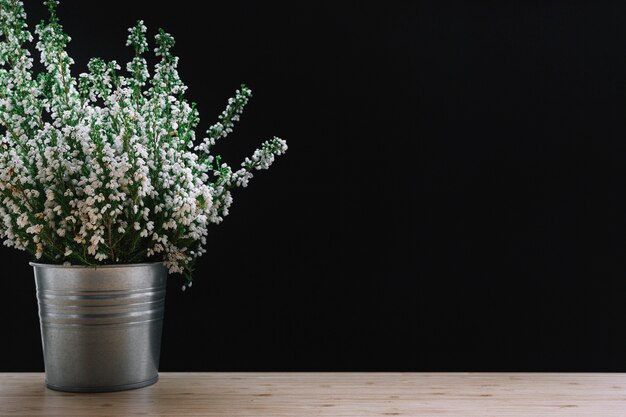 Witte ingemaakte bloemen op houten lijst tegen zwarte achtergrond
