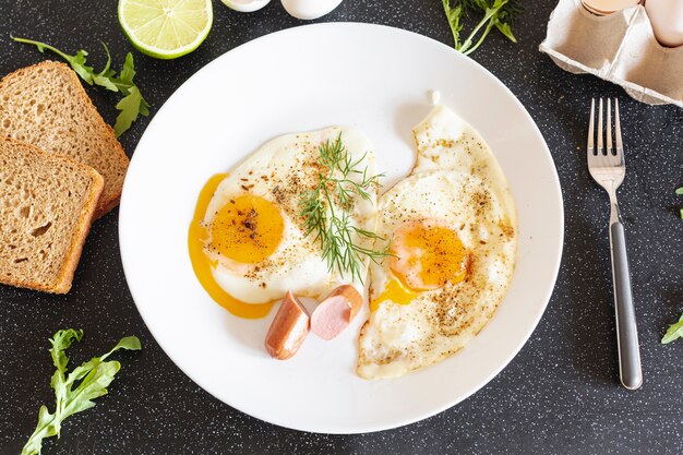 Witte plaat met gebakken eieren en brood op een zwarte tafel