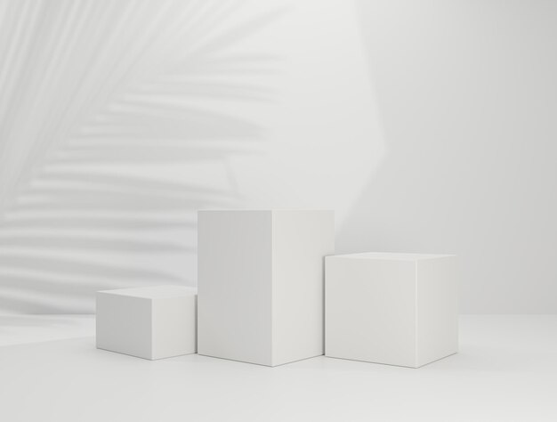 Witte podiumvoetstuk leeg productdisplay om cosmetisch productplatform te tonen met bladschaduw op witte achtergrond 3D-rendering