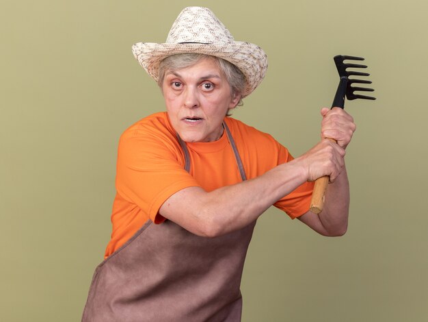 Woedende oudere vrouwelijke tuinman met een tuinhoed met een hark