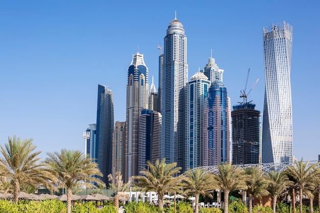 Wolkenkrabbers en palmbomen in Dubai. VAE