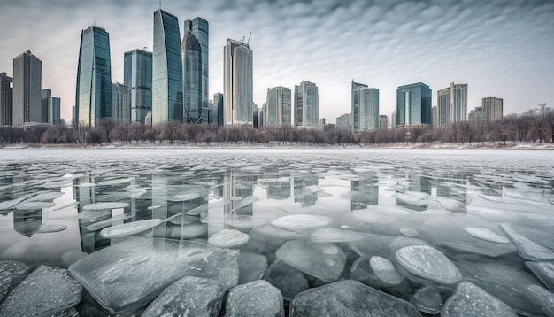 Wolkenkrabbervensters weerspiegelen het besneeuwde stadsbeeld in de schemering gegenereerd door AI