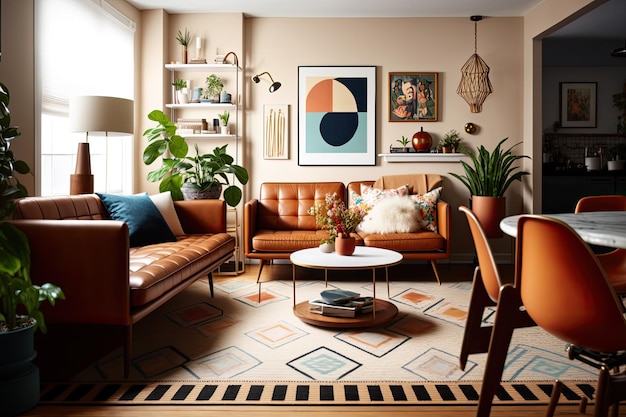 Woonkamer Mid Century stijl met warme kleuren Ai generatief