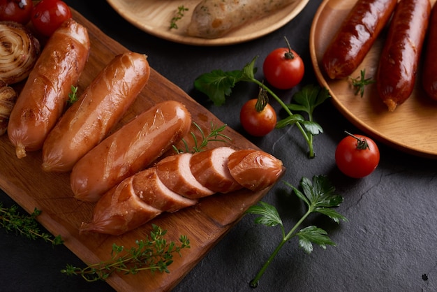 Gratis foto worsten en ingrediënten om te koken. gegrilde worst met toevoeging van kruiden en specerijen