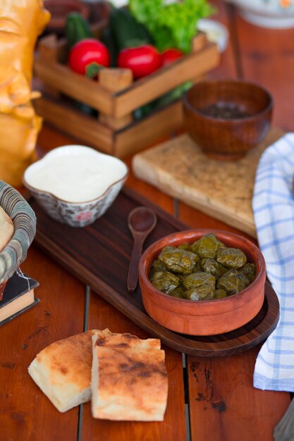 Yarpag dolmasi, yaprak sarmasi, groene druivenbladeren gevuld met rijst en vlees in aardewerken schaal met yoghurt.