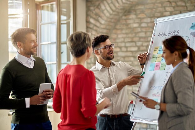 Zakelijk team dat samenwerkt tijdens het ontwikkelen van een nieuwe bedrijfsstrategie op kantoor De focus ligt op de jonge man die de ideeën op het whiteboard presenteert