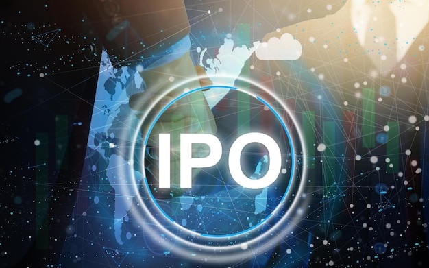 Zakenman drukt op knop ipo Initial Public Offering-netwerk op grafiek.