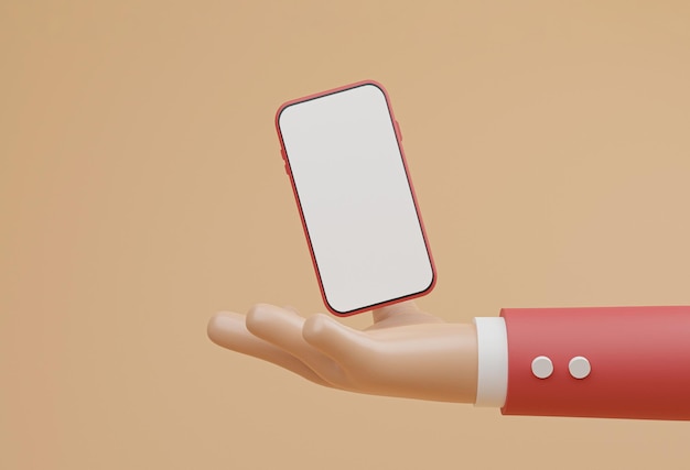Zakenman hand met smartphone met leeg scherm frame voor mockup sjabloon Mobiele telefoon apparaat concept door 3d render illustratie