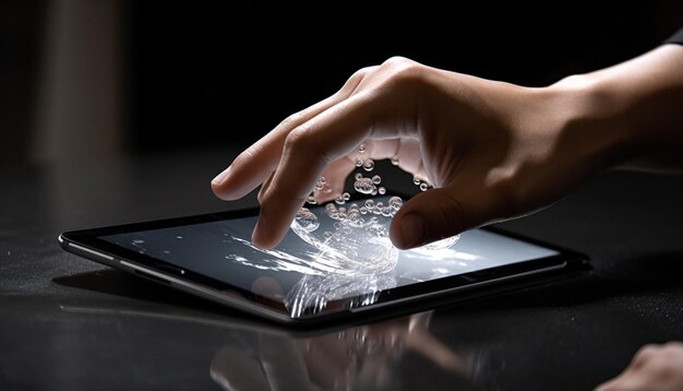 Zakenman hand op touchscreen tablet succes gegenereerd door AI