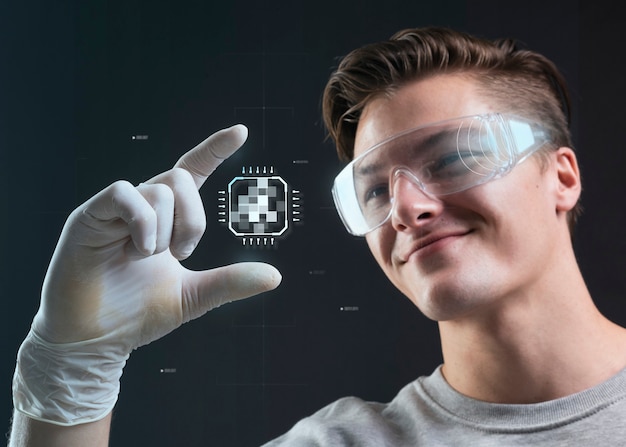 Gratis foto zakenman met hologram microchip slimme technologie