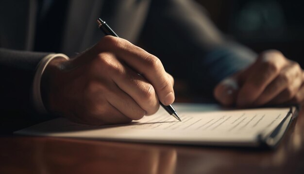 Zakenman met pen ondertekent belangrijk contractdocument gegenereerd door AI