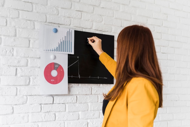 Zakenvrouw analyseren op schoolbord