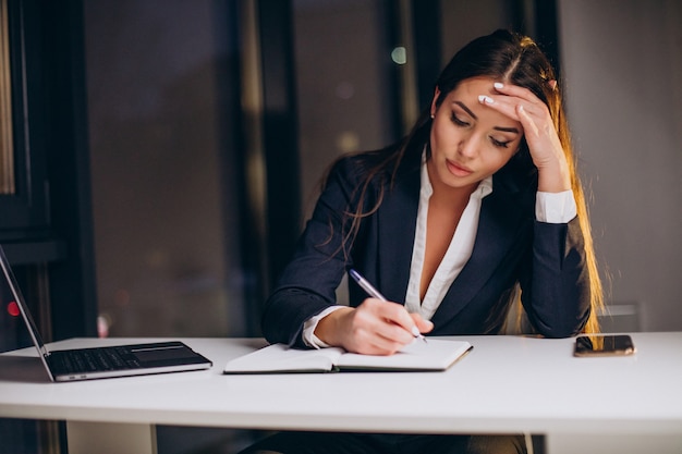 Zakenvrouw die 's avonds laat op de computer op kantoor werkt