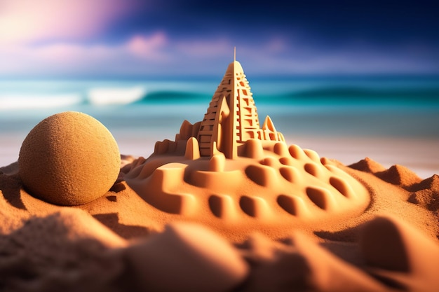 Gratis foto zandkasteel op een strand met een bal op de achtergrond