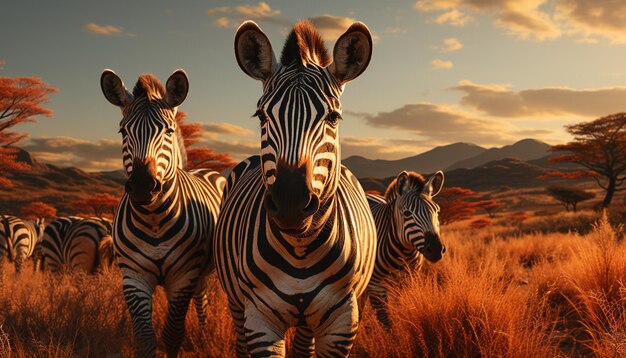 Zebrakudde graast op de savanne bij zonsondergang, natuurschoon gegenereerd door kunstmatige intelligentie