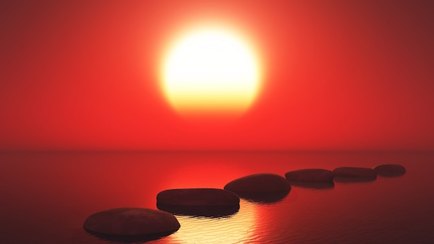 Zee in de zonsondergang met een stenen pad