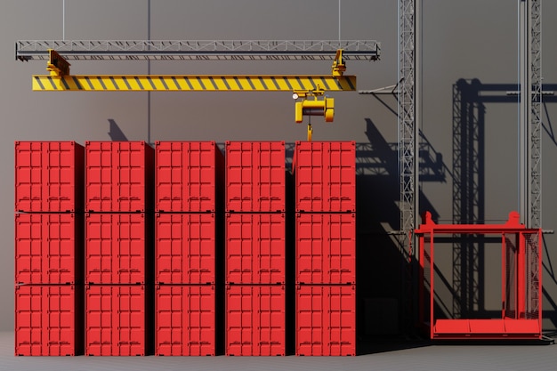 Zeecontainers die aan een kraan hangen. 3d globaal handelsconcept. 3d-weergave
