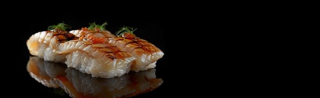 Zeer gedetailleerd sushi met zeevruchten met een eenvoudige zwarte achtergrond