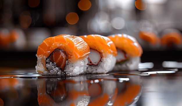 Zeer gedetailleerd sushi met zeevruchten met een eenvoudige zwarte achtergrond