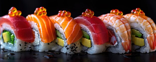 Zeer gedetailleerd sushi met zeevruchten met een eenvoudige zwarte achtergrond