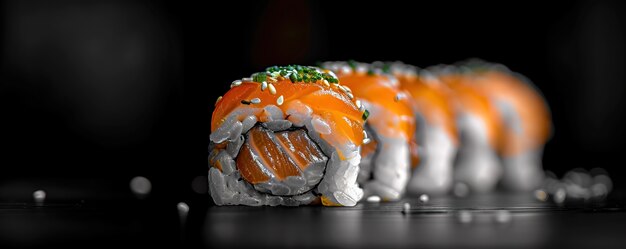 Zeer gedetailleerd sushi met zeevruchten met een eenvoudige zwarte achtergrond