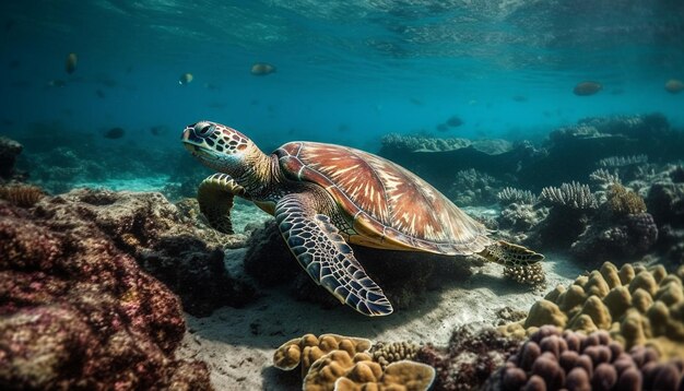 Zeeschildpad zwemt in kleurrijk koraalrif gegenereerd door AI