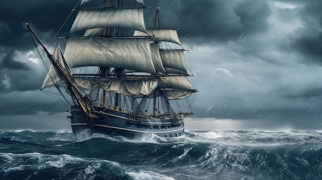 Gratis foto zeilend oud schip in een stormzee ai gegenereerd beeld