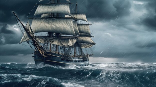Zeilend oud schip in een stormzee AI gegenereerd beeld